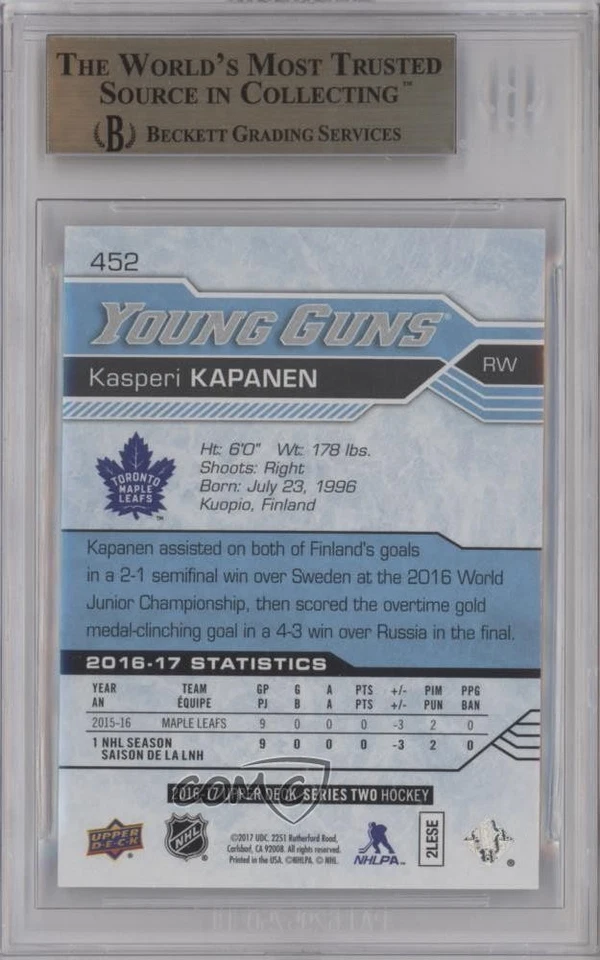2016 Upper Deck Young Guns Exclusives Kasperi Kapanen BGS 9.5 GEM MINT Rookie RC - Image 2 of 2