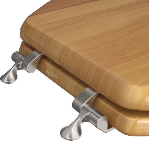 Designer Elongated Oak Toilet Seat with Brushed Nickel Hinges - Picture 4 of 5