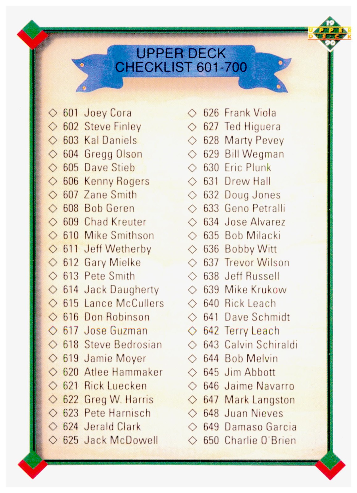 1990 Upper Deck Checklist: 601-700 Card #700a