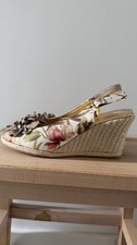 Hotter Fabric Floral Espadrille Wedge Sandals Gold Leather Lining Size 7 Gaby