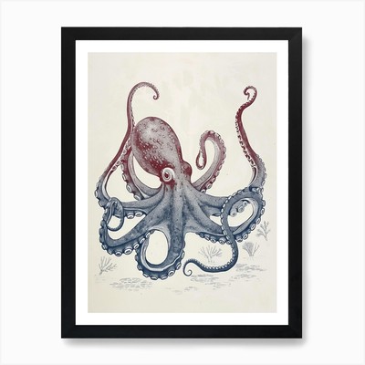 Farbverlauf blau Vintage Oktopus Kunst P gerahmt Wandbild Poster Leinwanddruck Bild