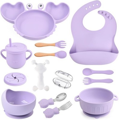 Baby feeding set 15-piece silicone toddler utensils purple