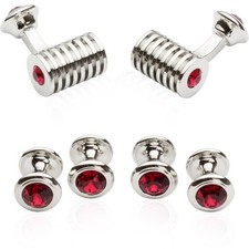 Men's Silver Ruby Red Crystal Cufflinks and Studs Tuxedo Shirt Formal Set wit...