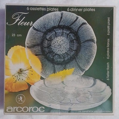 Arcoroc France Fleur Flower Embossed Dinner Plates 7.75'' Box #62510 Set of 6