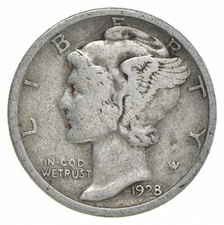 VG+ 1928 Mercury 90% Silver Dime
