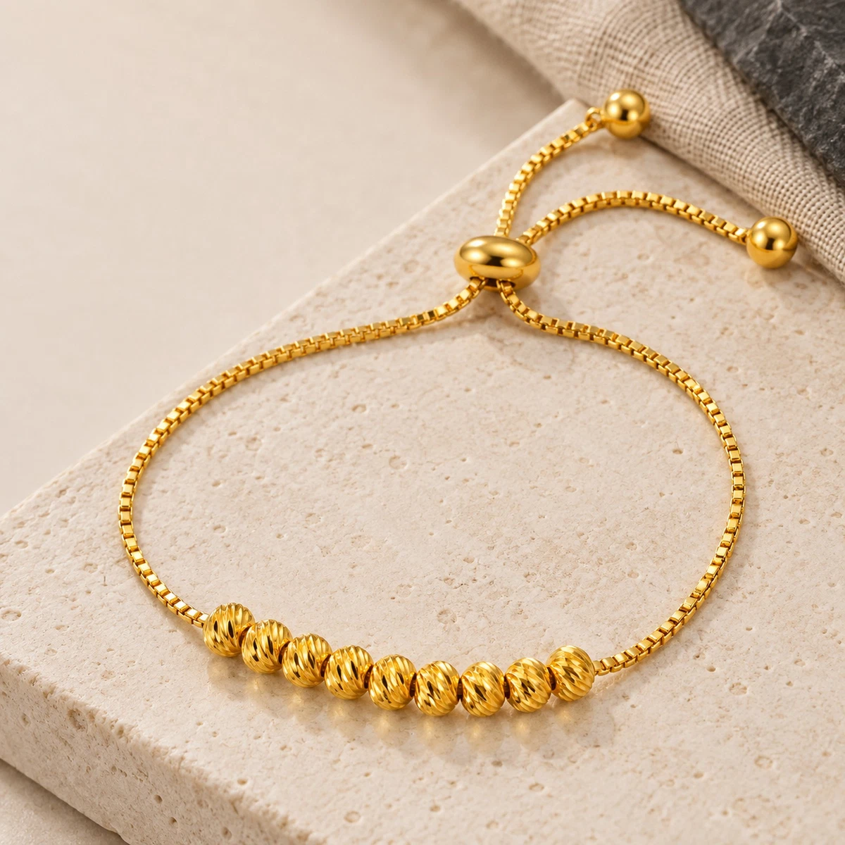 Gold Plated Copper Bead Slider Bracelet Adjustable Bolo Jewelry Gift