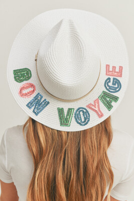 MIZ FASHION Women's Natural Handmade BON VOYAGE Sequin Letter Panama Sun Hat