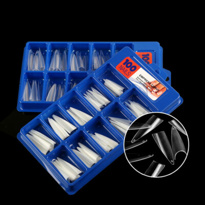 100 Pcs Clear Long Stiletto Nail Tips Full Cover Acrylic Fake False Nail Tip Box