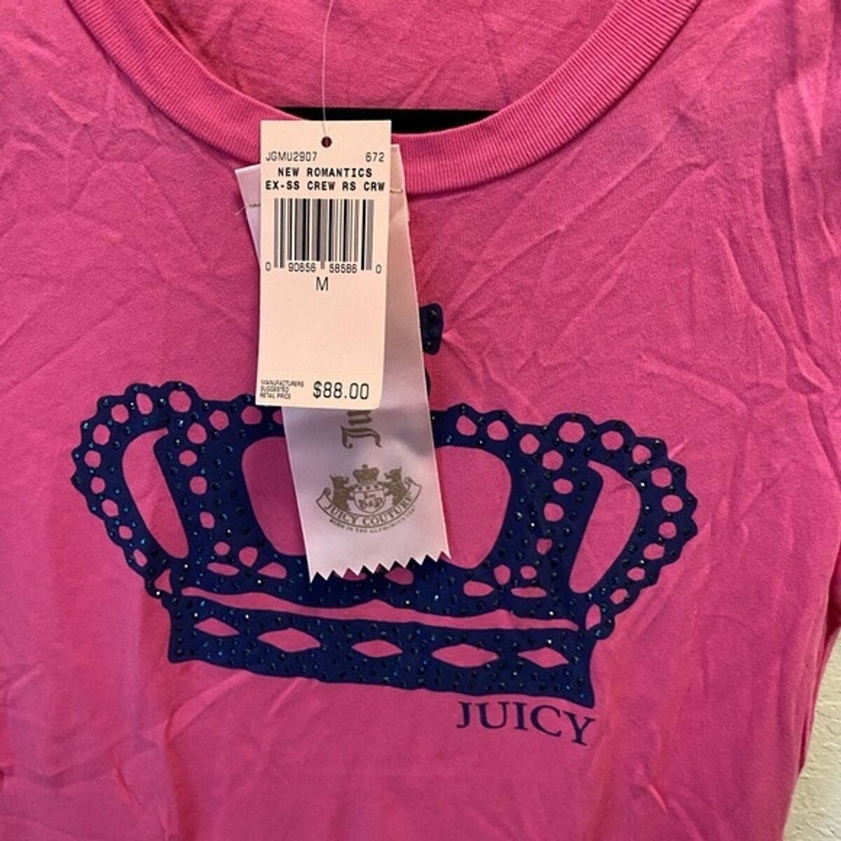Juicy Couture Vintage Y2K Pink Rhinestone Crown T-Shirt. New