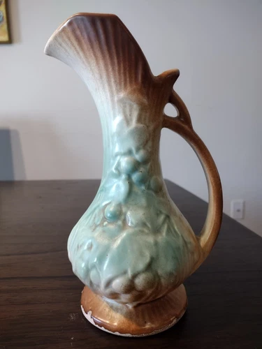 Vintage McCoy Art Pottery Embossed Grapes & Leaves Ewer Pitcher