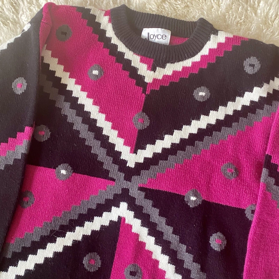 Suéter Joyce Vintage Años 80 Rosa Negro Geométrico Para Mujer Pequeño Años 90 Años 90 Foto 2 de 3
