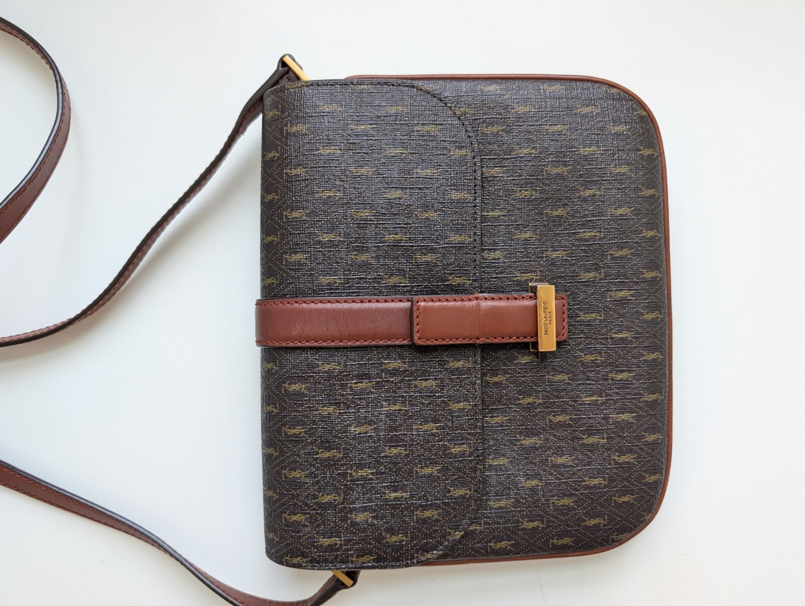 Autentica borsa Saint Laurent 2021 marrone monogramma tela pelle marrone usata in ottime condizioni