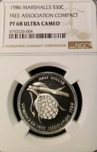 1986 MARSHALL ISLANDS SILVER 50C FREE ASSOCIATION COMPACT NGC PF 68 ULTRA CAMEO