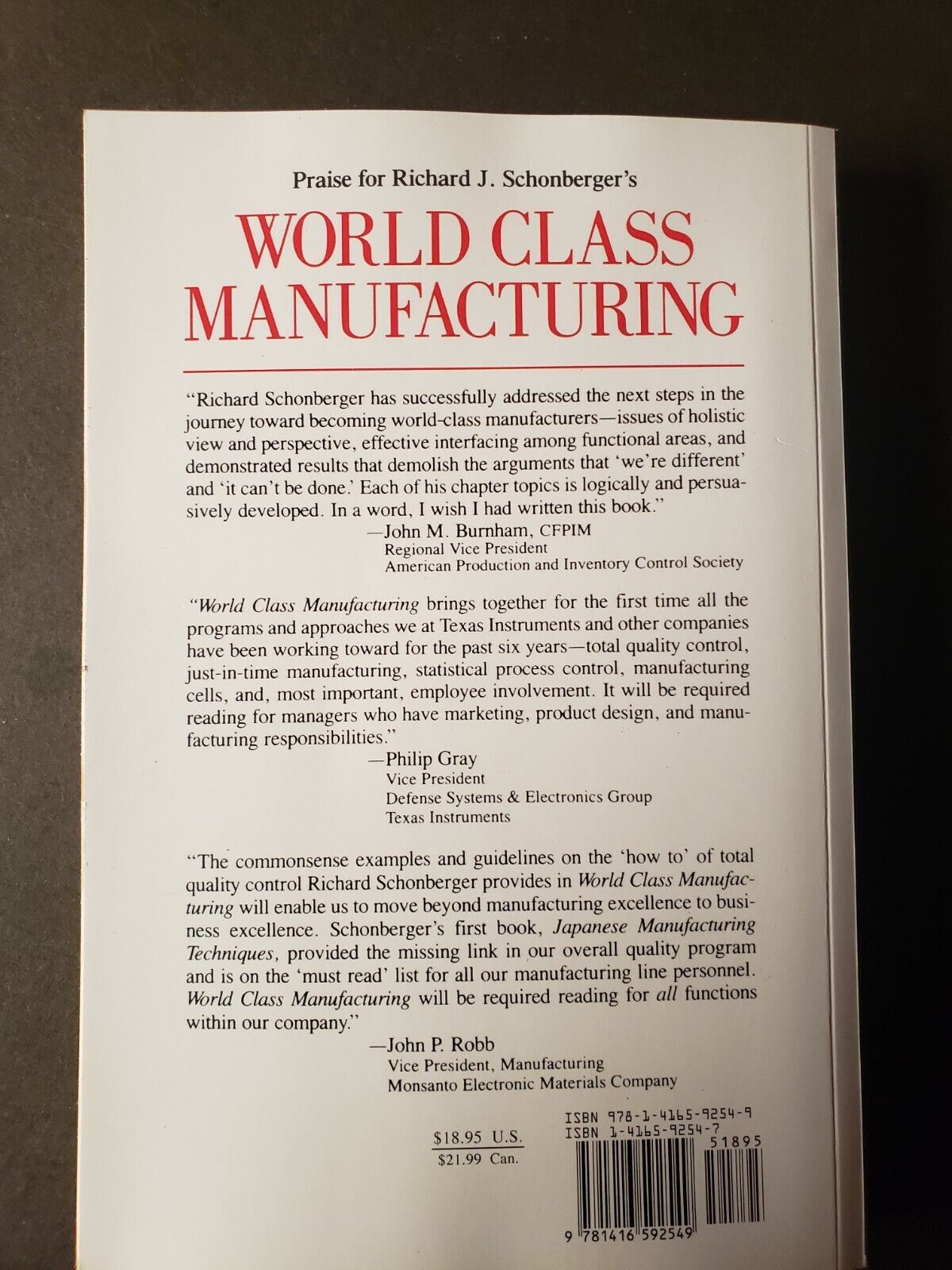 World Class Manufacturing: Schonberger, Richard J.: 9781416592549