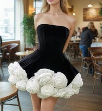 Women's Fashion Strapless 3D Rose Flowers Short Flared Evening Dress Prom 2982