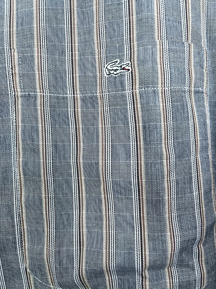 Camisa de vestir LACOSTE para hombre manga larga a rayas negra/gris/marrón con botones talla 42L Foto 3 de 4
