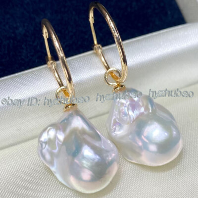 Natural AAA++ 15-25mm White Baroque Reborn Keshi Pearl Dangle Gold Hook Earrings