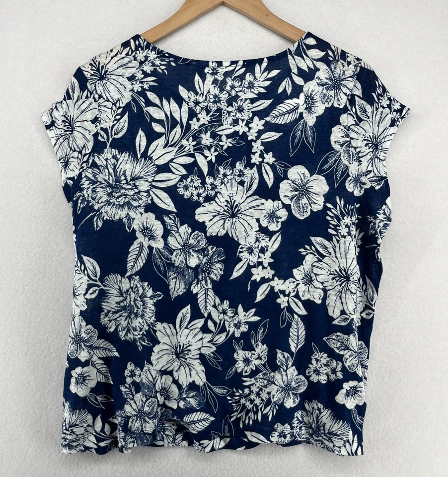 C&C CALIFORNIA Top M Linen Slub Jersey Hibiscus Tropical Cap Sleeve Blue - Image 3 of 4