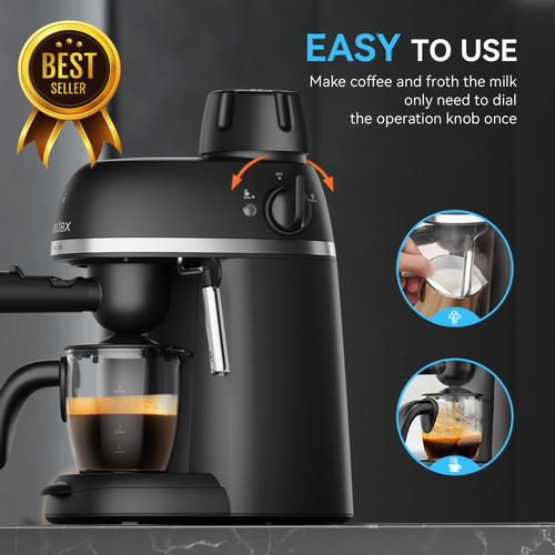 Macchina Caffè Espresso Cappuccino 3,5 Bar Bacchetta Vapore Compatta 800W Nero - Foto 5 di 8