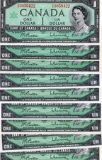 Bank of Canada 1967 $1 One Dollar Lot of 10 Notes AU/UNC Serial Numbers