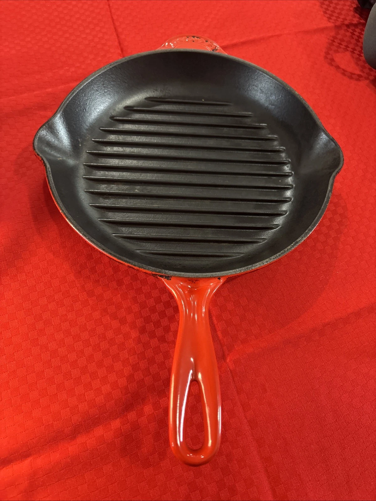 Double Spout Le Creuset Red Cast Iron Enamel Skillet Grill Pan 26 10.5”