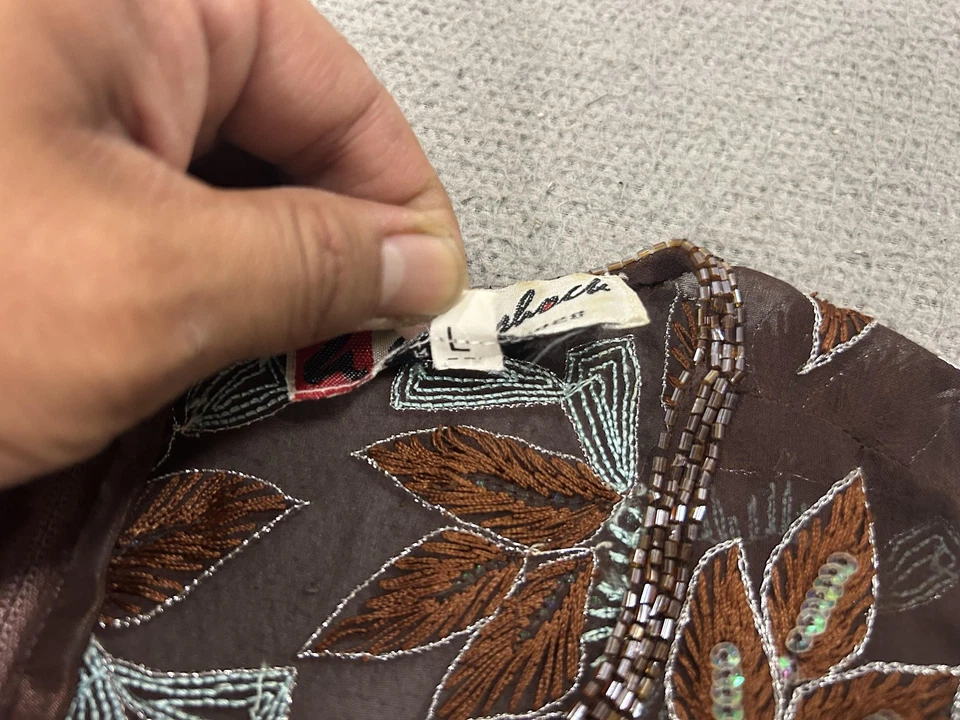 Top Y2K Réplica Mujer Grande Marrón Seda Cuentas Lentejuelas Floral Foto 4 de 4