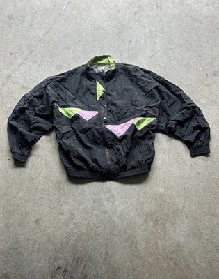 Vintage 90s Zip Up Track Windbreaker Jacket Puma Black Pink Green Size M