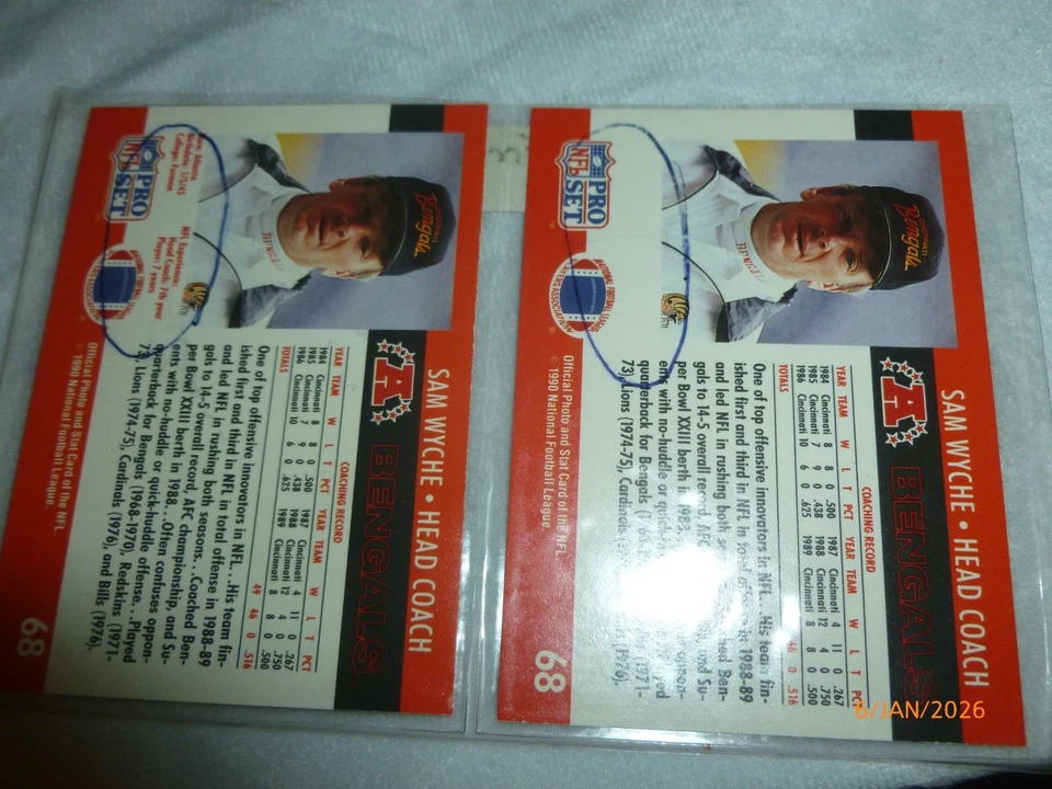 1990 Pro Set SAM WYCHE "Missing Bio" Football Error & Corrected Cards #68 - Image 2 of 2