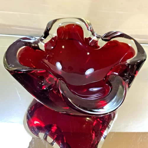 Vintage Murano Art Glass Red Ashtray or Bowl Shell Like or Clover Shape #77