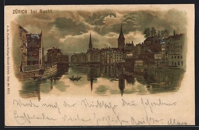 Lithographie Zürich, Teilansicht von einem Fluss aus, Wo geht die Nachtwandleri 