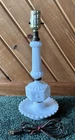 Vtg White Sunburst Milk Glass Table Lamp Trinket Dish Base Genie Bottle Hobnail
