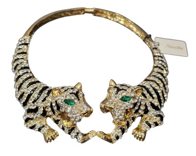 NATASHA Stunning Gold RHINESTONE TIGER GREEN EYE Facetted Spring Collar Necklace