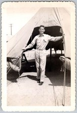 Vtg B W Snapshot Smiling Man In Uniform At Camp Blanding WW2 Army Tent 1942