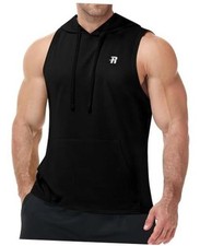 Men's Workout Hooded Tank Tops Gym Sleeveless Hoodie Bodybuilding Medium Black
