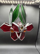 Vtg 4-sided Stained Glass Red  Green 3D Floral Window Hanging Sun Catcher 6  