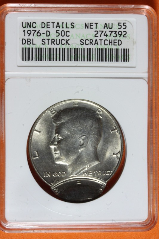 1976-D ANACS 50C UNC  AU 55 DBL STRUCK SCRACTHED KENNEDY HALF DOLLAR #B40761