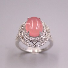 Real 925 Sterling Silver Ring Women Pink Chalcedony Cubic Zirconia Ring US 8