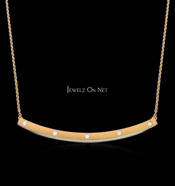 14K Gold 0.18 Ct. Genuine Diamond Long Curved Bar Pendant Necklace Fine