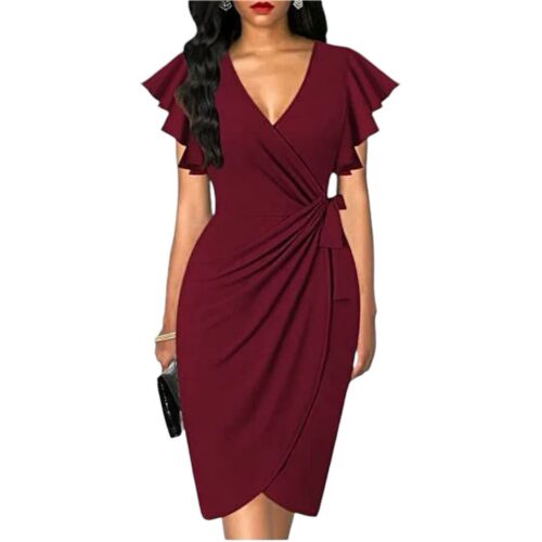Oten NWT Women's Deep V Neck Ruffle Sleeve Dress Medium Cocktail Party BodyCon