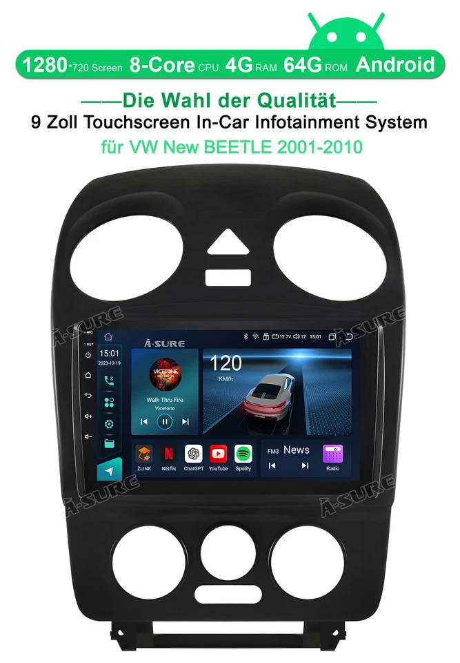4+64G CarPlay Android 14 Autoradio WiFi RDS GPS Navi Für VW NEW Beetle 2001-2010 - Bild 2 von 4