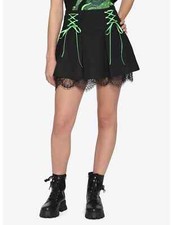 Hot Topic Black  Green Lace-Up Pleated Skirt Women's MEDIUM NWT