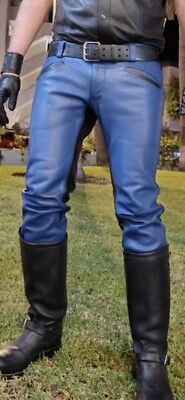 Men's Real Leather Bikers 5 Pockets Jeans Pants Blue & Black Leather Pants