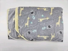 Cuddle Time Grey Yellow Giraffe Elephant Bird Clouds Print Baby Blanket