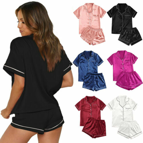Women's Silk Satin Pajama Set - White With Black Piping, Long Sleeve V-Neck PJs (5 Day Delivery)