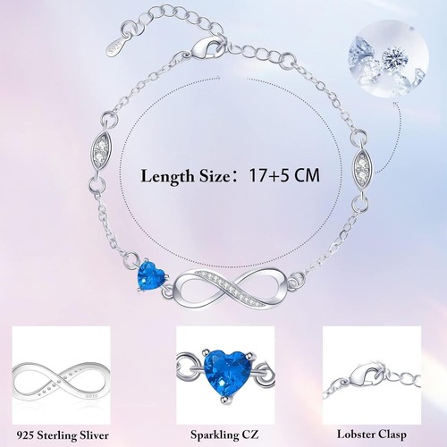 Infinity Heart Bracelet for Women 925 Sterling Silver Charm Blue CZ Dainty Gifts - Picture 5 of 7