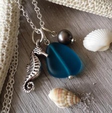 Hawaiian Jewelry Sea Glass Necklace, Teal Necklace Natural Pearl Seahorse