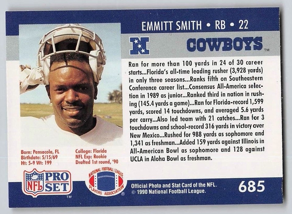 EMMITT SMITH 1990 Pro Set Series II NFL Football ROOKIE CARD #685
