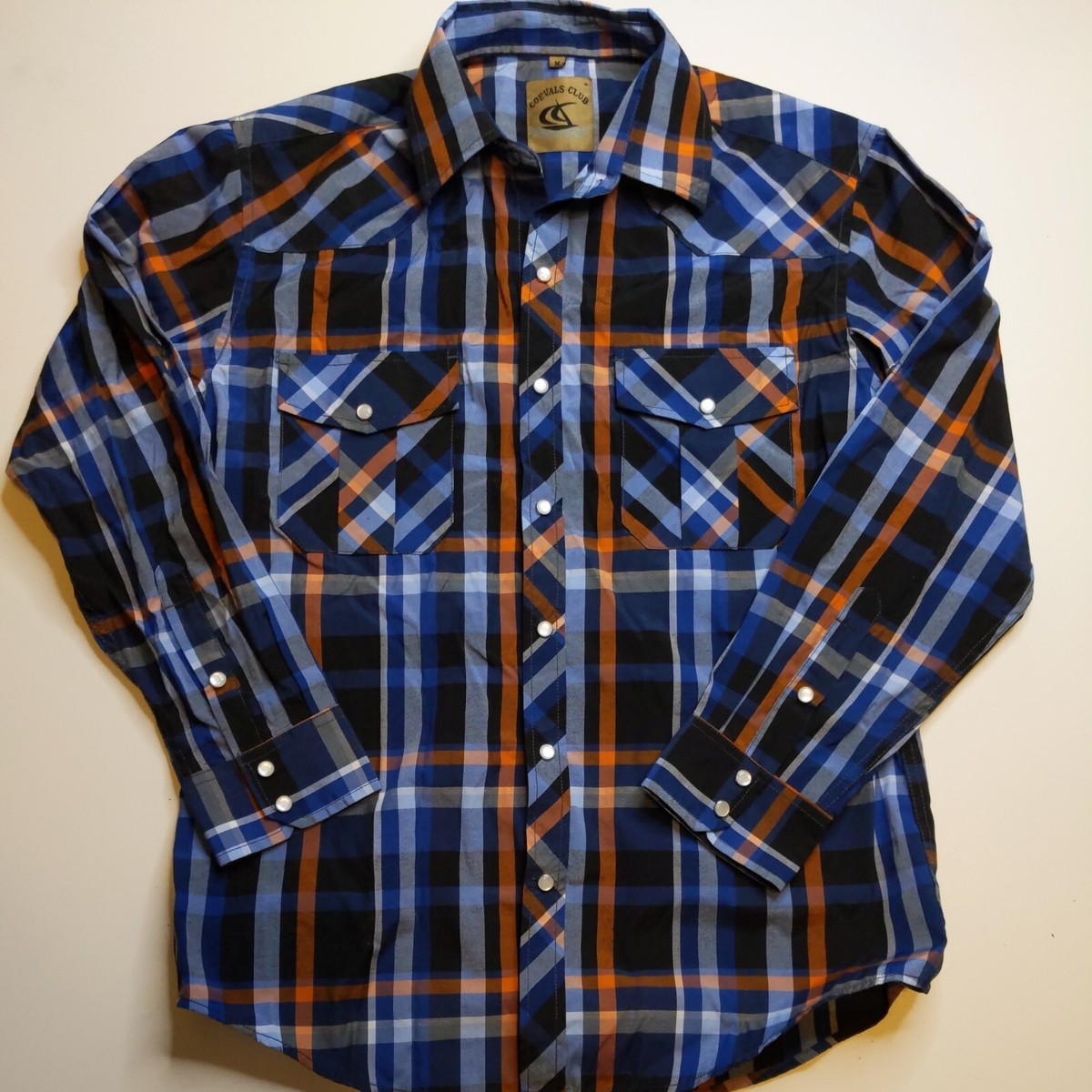 Coevals Club Men's Western Plaid Shirt – Pearl Snap Buttons, Two Pocket Short Sleeve, Blue Plaid