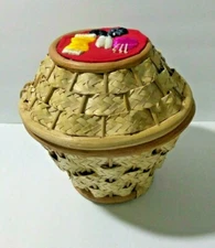 Vintage Small Woven Raffia Sewing Basket Double w/ Sewing Art 8"X 8"
