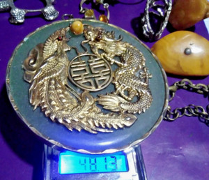 Authentic Vintage big 14K .Yellow Gold plated carved natural Green Jade Charm Pendant rare